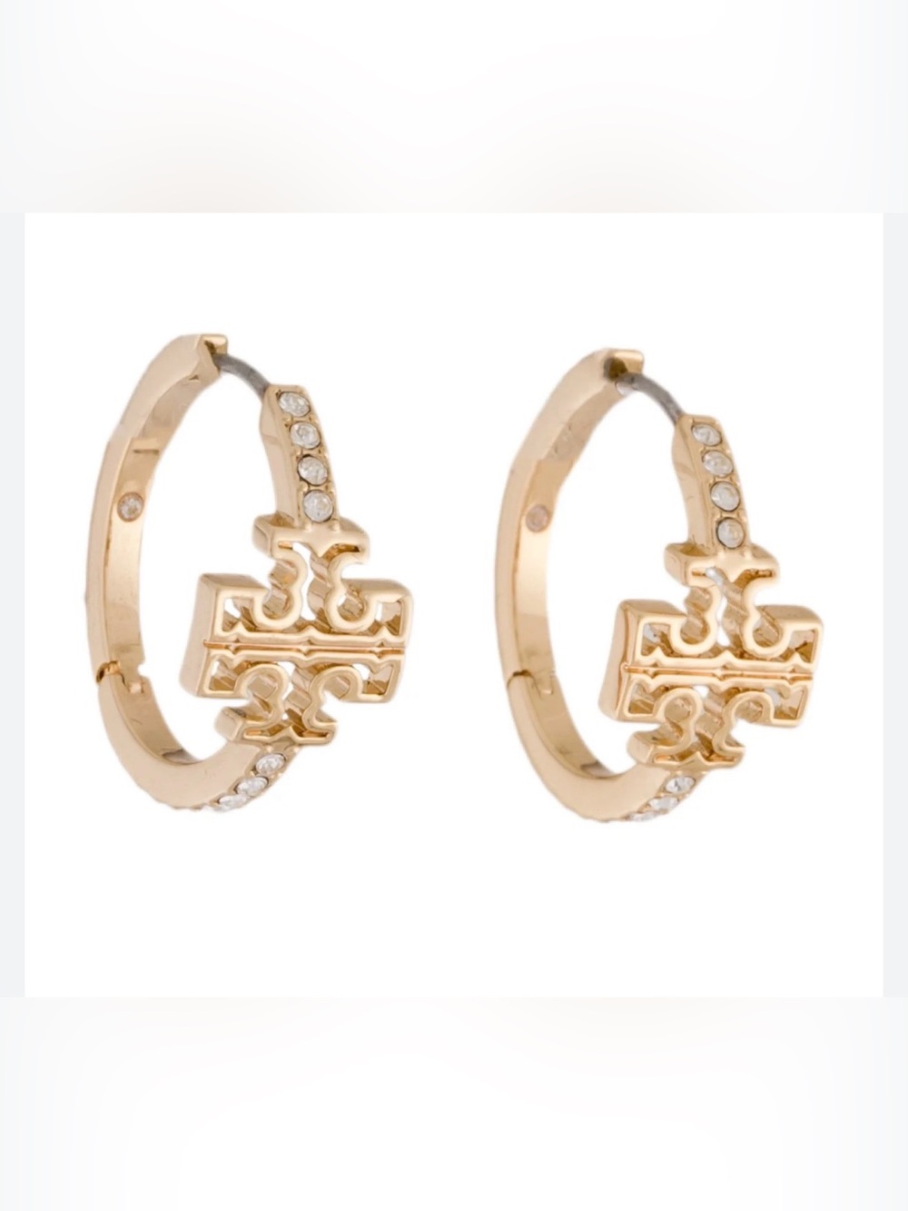 Tory Burch Eleanor Gold Pave Small Hoop Earrings Crystal NWT